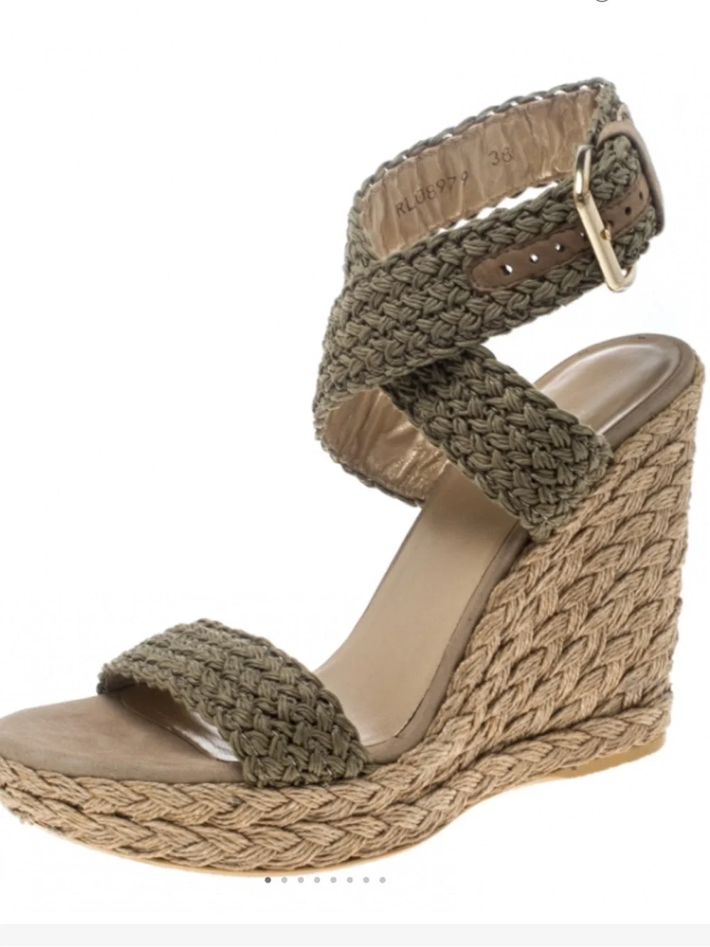 Stuart Weitzman Khaki Crochet Alex Ankle Halter Wrap Espadrille Wedge Sandals